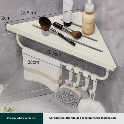 Bathroom Triangle Drain Shelf No Drilling Wall Mounted Cosmetic and Toiletries Hollow Carbon Steel Shelf with Hooks    Home Decor Supply | Online Retail | ShoreShopper.com