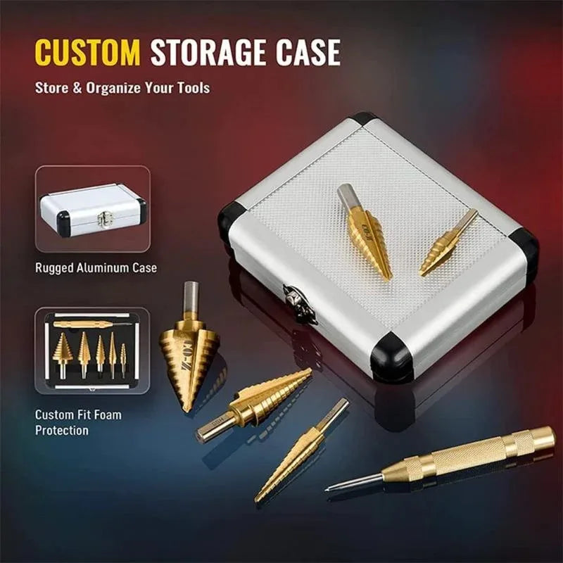 Step Drill Bit Set 5-Piece Titanium-Coated High Speed Steel with Automatic Center Punch for Drilling Sheet Metal Step Drill Bit    Home Decor Supply | Online Retail | ShoreShopper.com