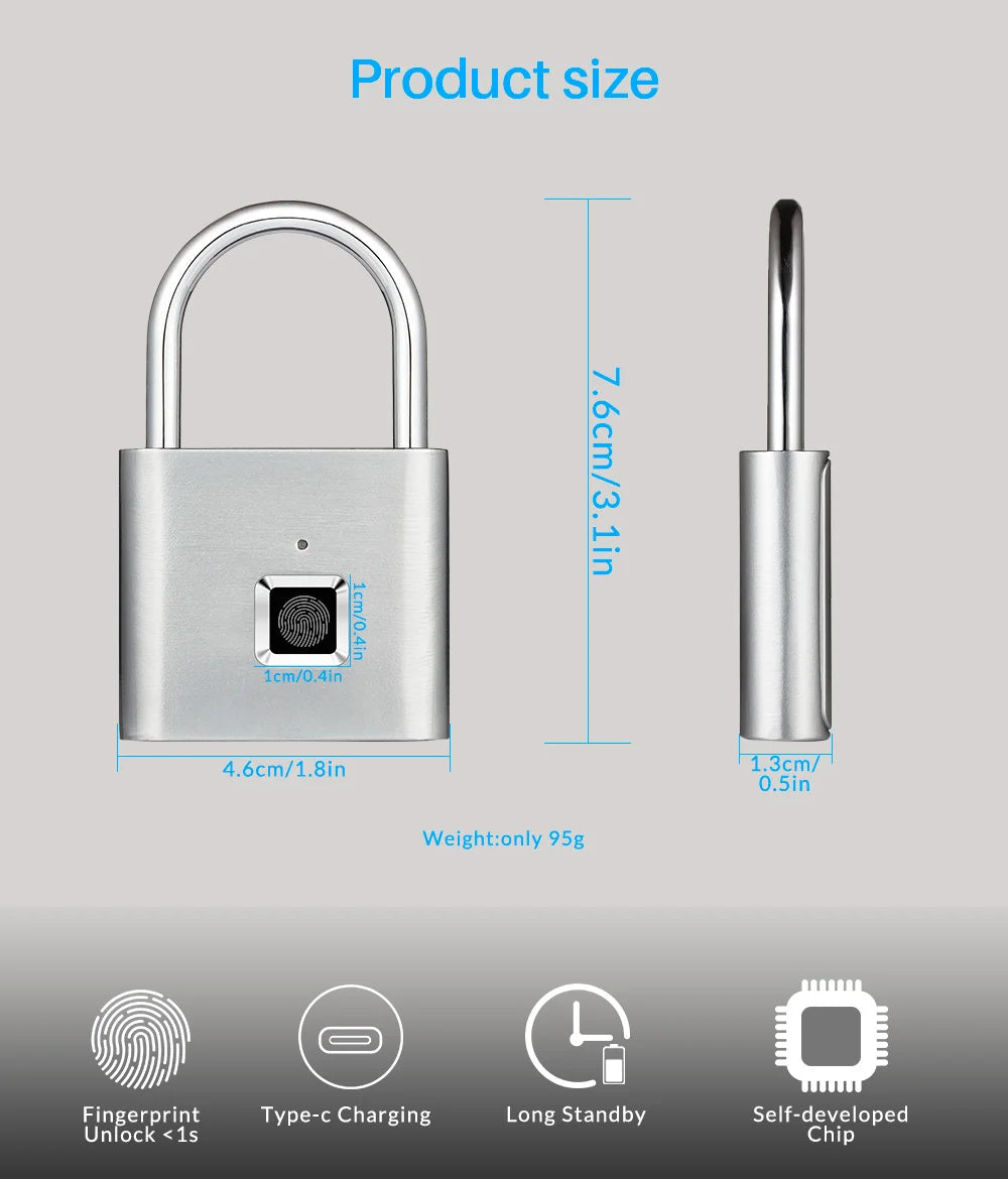 KERUI Smart Fingerprint Padlock Waterproof Fingerprint Keyless Door Lock Type C Rechargeable Security Padlock for House - ShoreCo.Shop