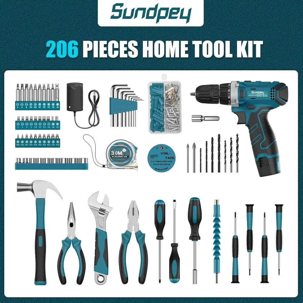 Tool Kit 206PCS with Drill - 12V Cordless Power Drill Combo Home Tool Set - Portable Basic General Household Toolbox for Repair - ShoreCo.Shop