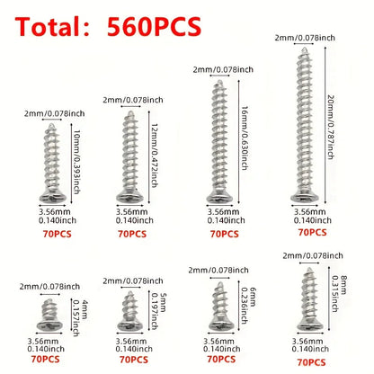 Box of 560 Self-Tapping Wood Screw Set - Includes 8 Different Sizes of M2 Phillips Flat Metal Screw Classification Kit    Home Decor Supply | Online Retail | ShoreShopper.com