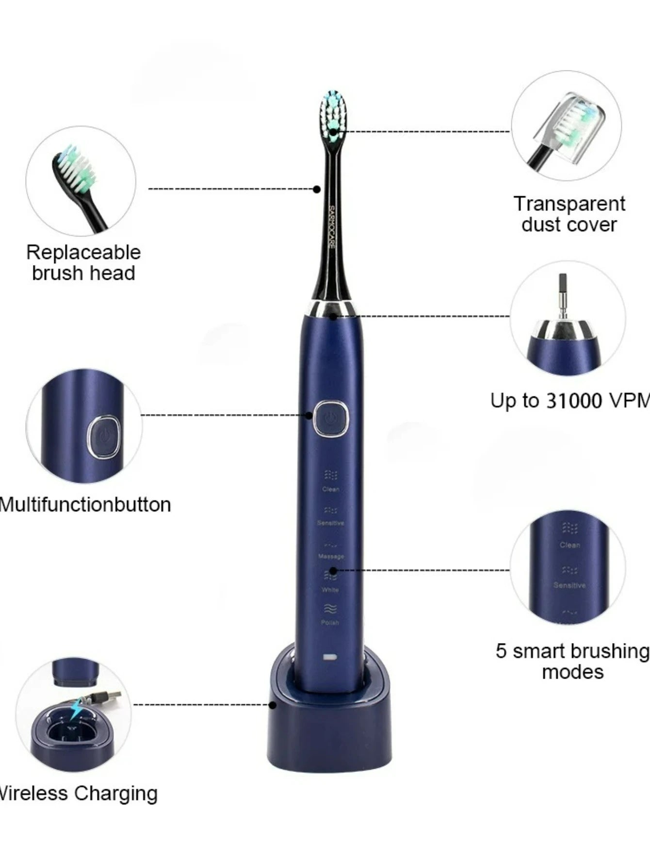 2026 NEW USB Rechargeable Electric Toothbrush Automatic Toothbrush for Adults with 5 Modes and 8 Replacement Brush Heads - ShoreCo.Shop