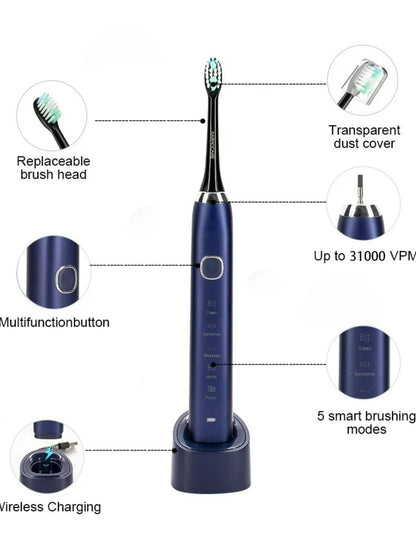 2026 NEW USB Rechargeable Electric Toothbrush Automatic Toothbrush for Adults with 5 Modes and 8 Replacement Brush Heads - ShoreCo.Shop