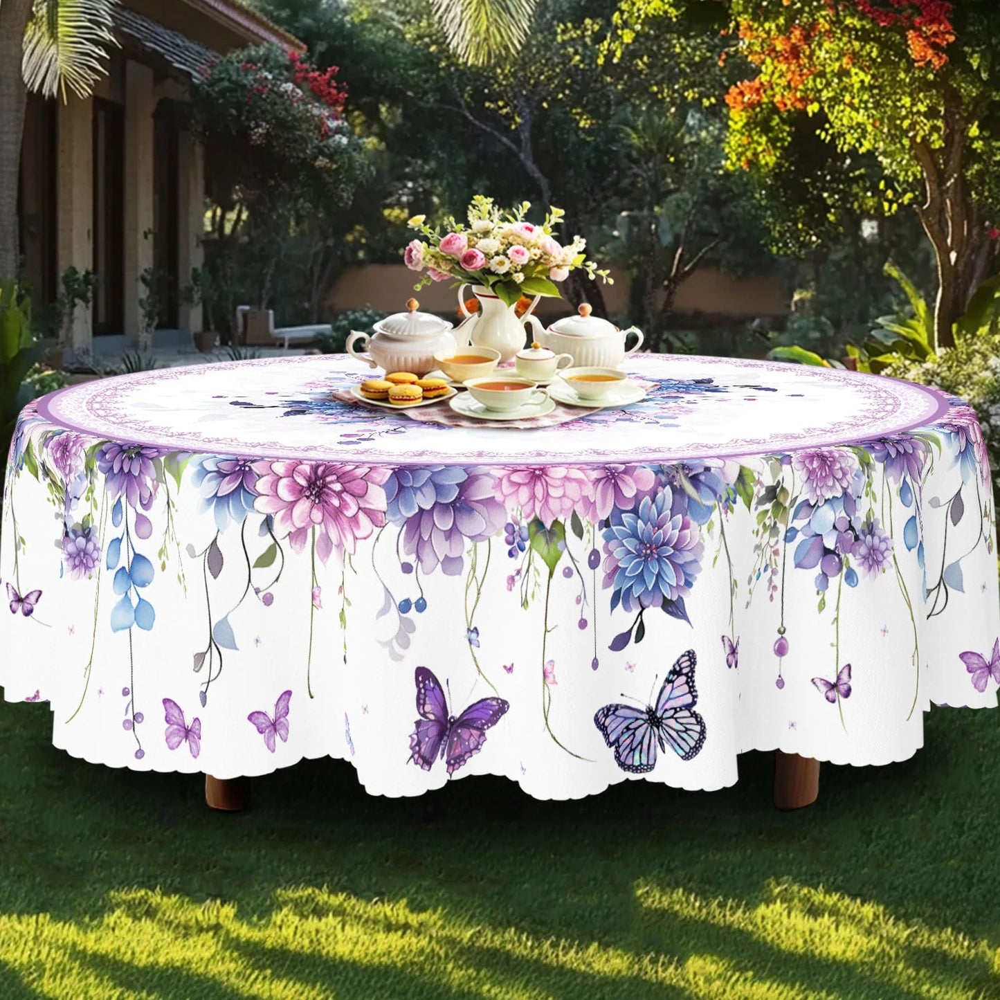 1pc Purple Floral Butterfly Tablecloth, Round & Rectangular Shapes, Perfect for Kitchen, Dining, Yard, Spring Summer Decor    Your Coastal Marketplace | Shoreshopper.com