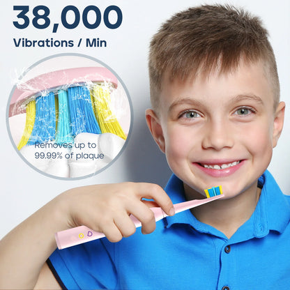 Children Electric Toothbrush with 8 Replacement Heads DIY Stickers 5 Cleaning Modes Blue Pink Yellow 3 Colors Soft Bristles - ShoreCo.Shop