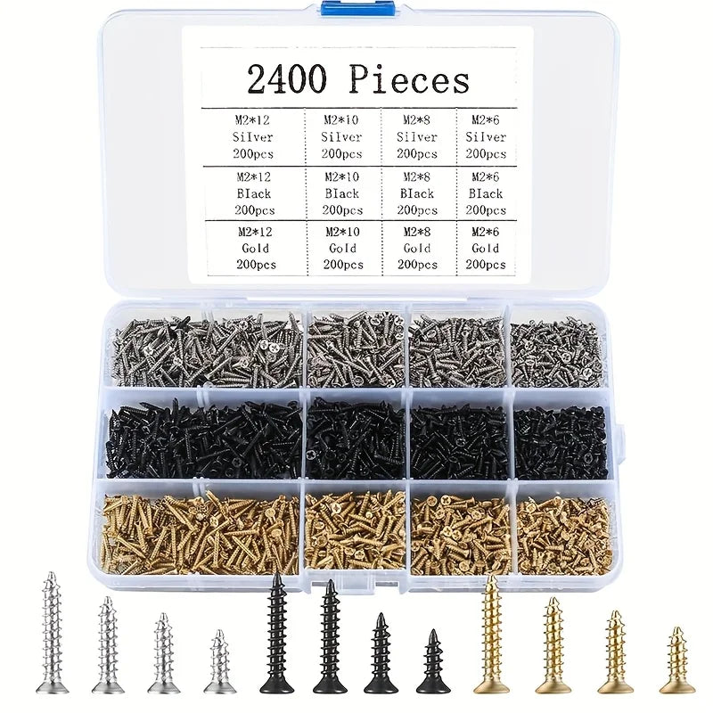 2400pcs Miniature Self-Tapping Screws, M2 Wood Screws, Phillips Head Screws, Flat Head Screws, Gold, Black, Silver Set    Home Decor Supply | Online Retail | ShoreShopper.com