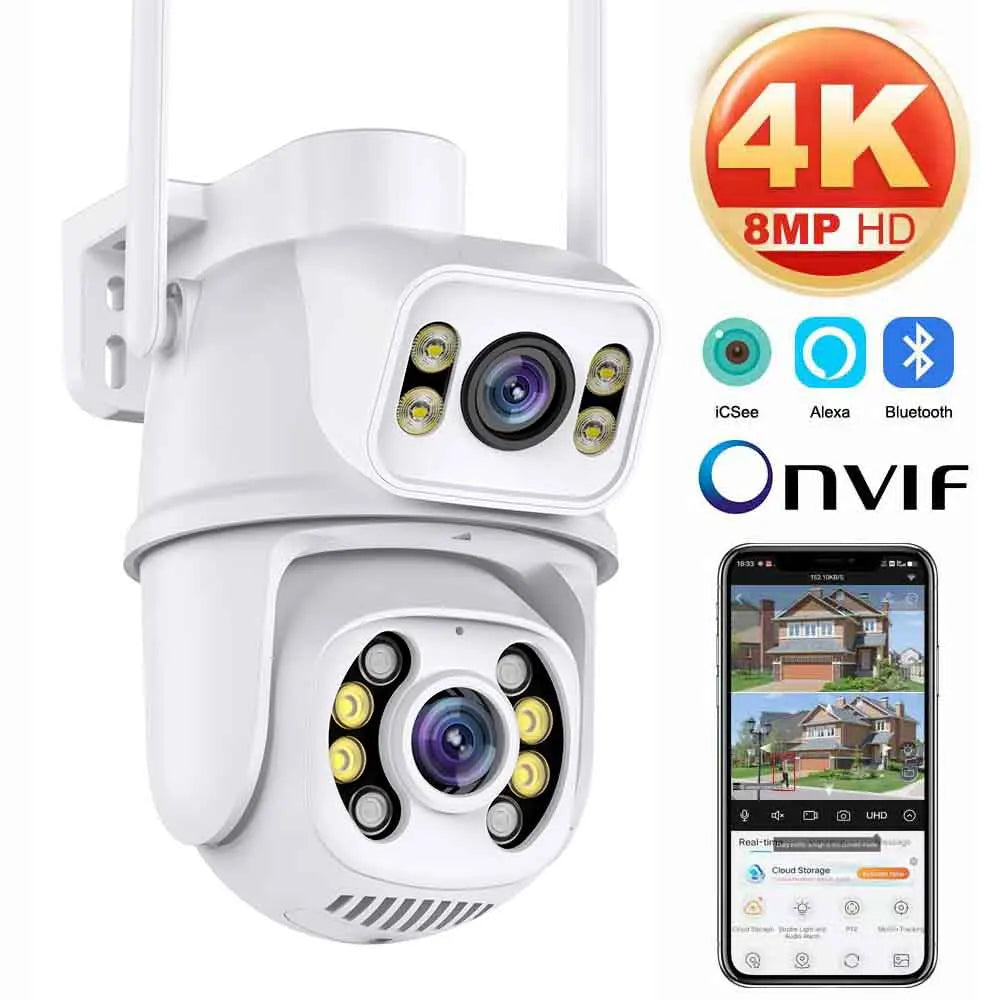 8MP 4K Dual Lens Wifi Camera Ai Auto Tracking Waterproof Security CCTV Video Surveillance Camera Police Light Alarm IP Camera - ShoreCo.Shop