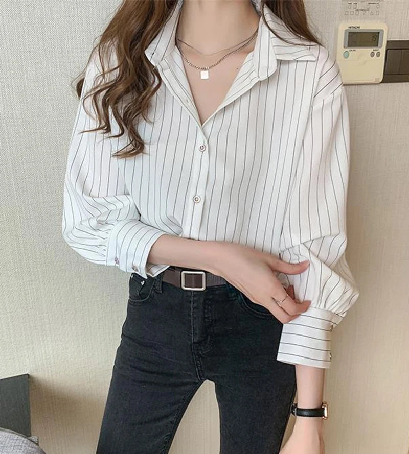 Striped Shirt Women Summer Vintage Chic Loose Long Sleeve Top Y2K Office Ladies Fashion Casual Turn Down Collar All Match Blouse    Your Coastal Marketplace | Shoreshopper.com