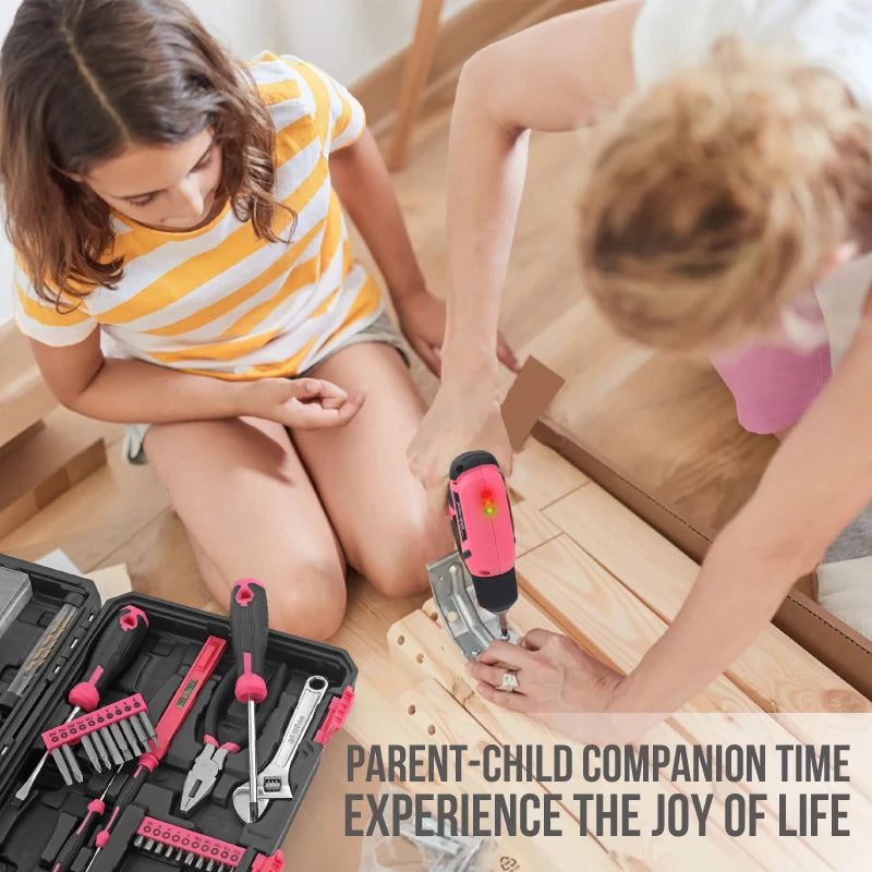 Hi-Spec 92-Piece Pink Home Tool Box Set, Multi-Function Hand Repair Kit with Hammer Cordless Power Drill Combo for Household DIY - ShoreCo.Shop