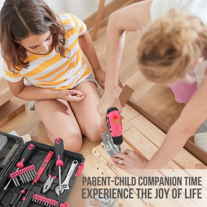 Hi-Spec 92-Piece Pink Home Tool Box Set, Multi-Function Hand Repair Kit with Hammer Cordless Power Drill Combo for Household DIY - ShoreCo.Shop