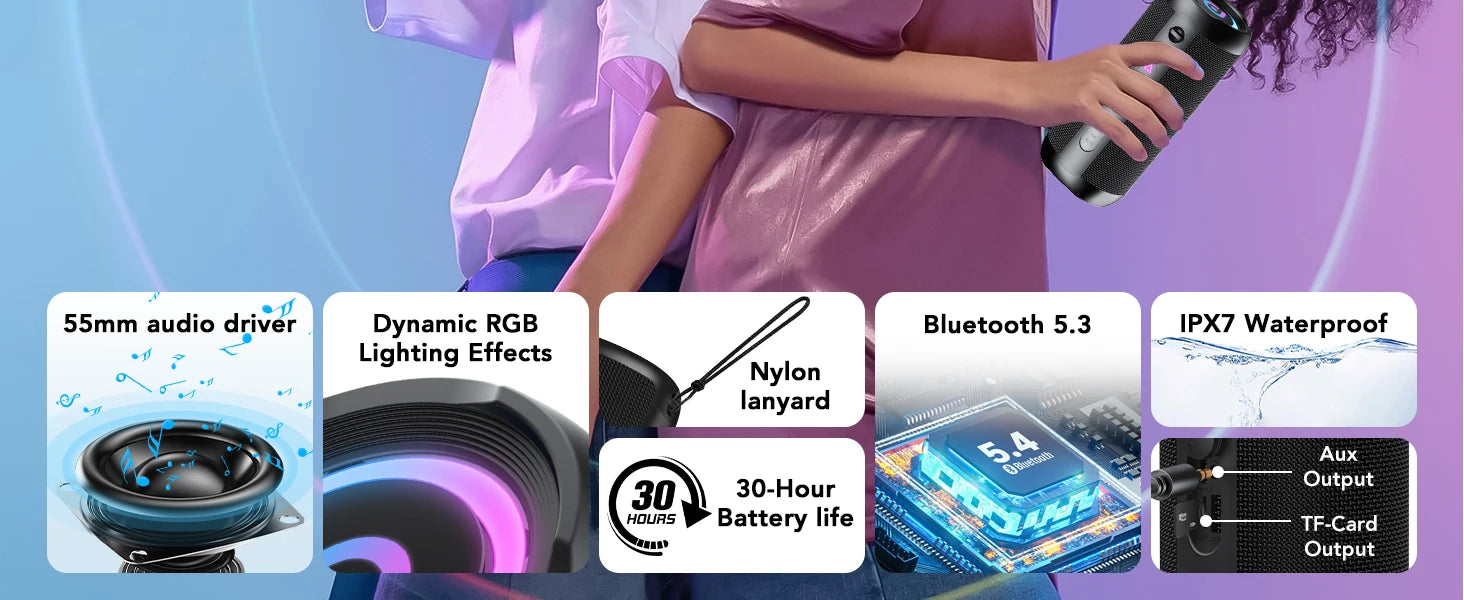 Portable Bluetooth Speaker, Bluetooth 5.4 Speaker, 30W Dual Speaker, Deep Bass, 30H Playtime, 3 EQ Mode, Colorful RGB Lights    Home Decor Supply | Online Retail | ShoreShopper.com