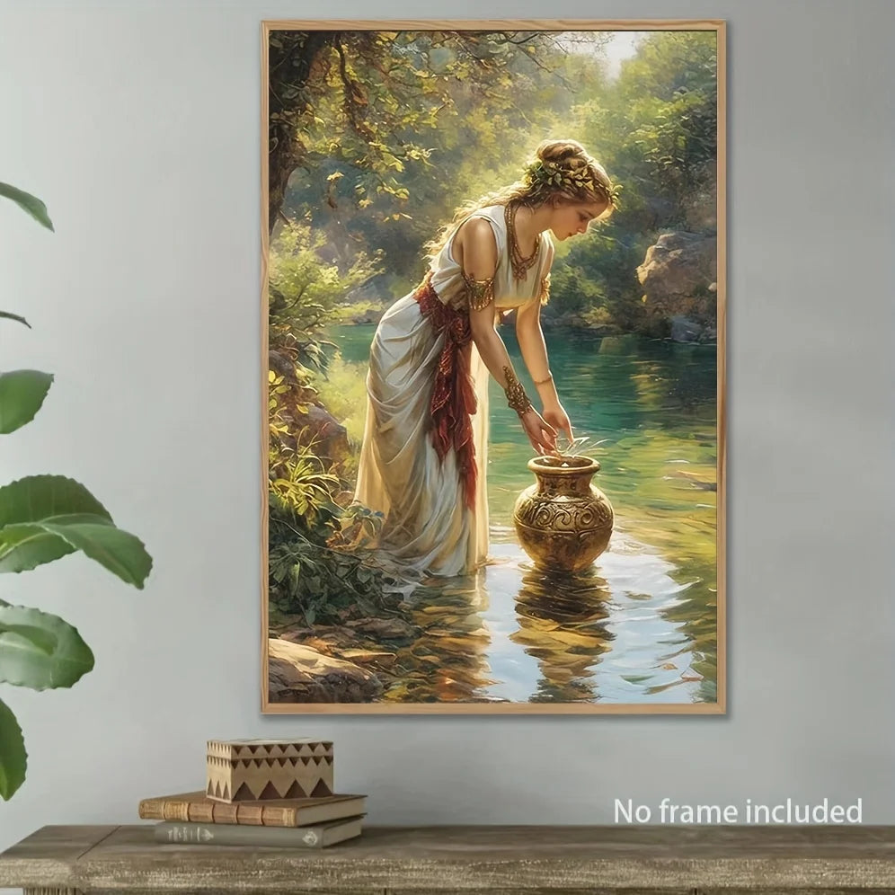Elegant 3D Hand-Painted Canvas Oil Painting - Serene Forest Scene with Woman & Golden Vase, Abstract Home Wall Art    Home Decor Supply | Online Retail | ShoreShopper.com