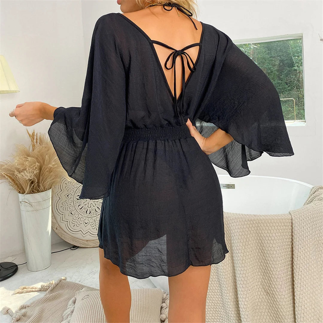 New Sexy V Neck Long Sleeve Backless Chiffon Tunic Beach Cover Up Beach Cover-ups Beach Dress Beach Wear Beachwear V3840    Your Coastal Marketplace | Shoreshopper.com