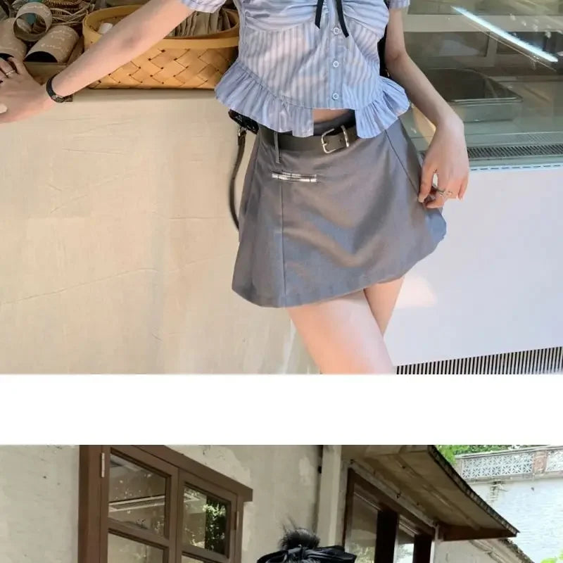 Bow-rinked Striped Shirt for Women Summer French Sweet and Spicy Puff Sleeve Shirt Short Short Sleeve Top    Home Decor Supply | Online Retail | ShoreShopper.com
