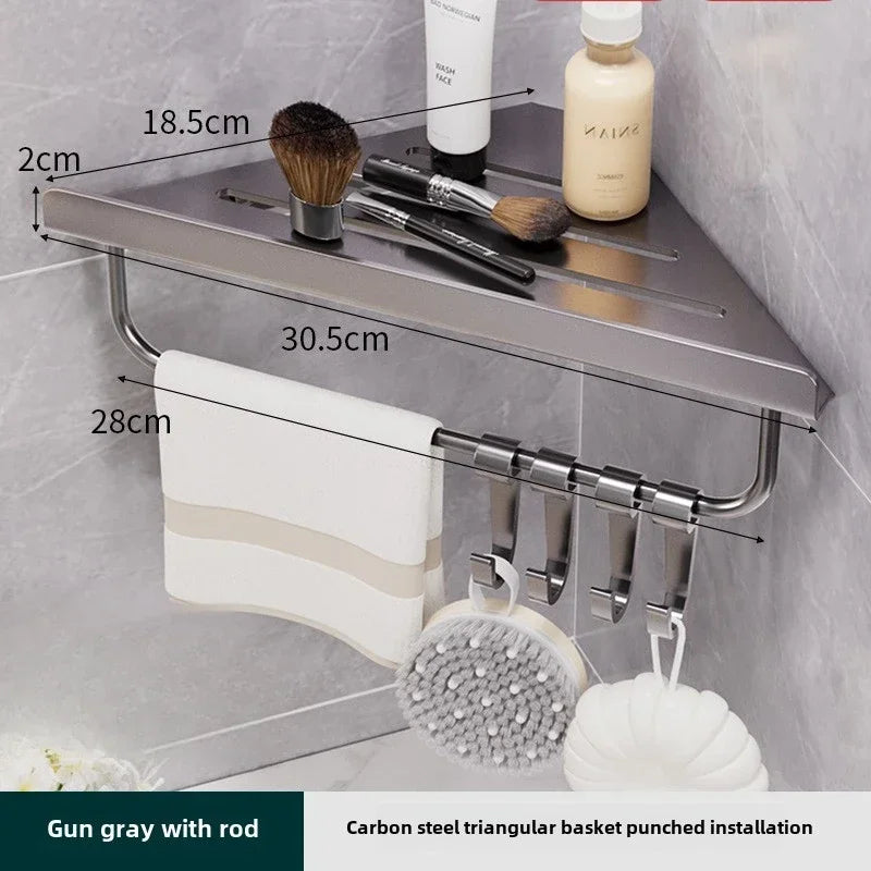 Bathroom Triangle Drain Shelf No Drilling Wall Mounted Cosmetic and Toiletries Hollow Carbon Steel Shelf with Hooks    Home Decor Supply | Online Retail | ShoreShopper.com