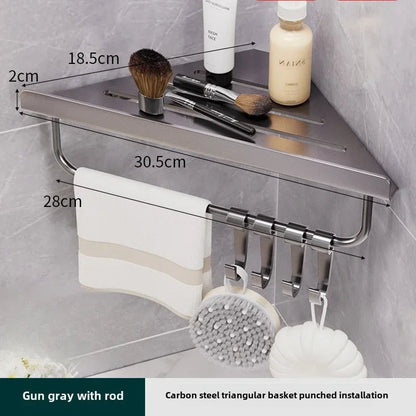 Bathroom Triangle Drain Shelf No Drilling Wall Mounted Cosmetic and Toiletries Hollow Carbon Steel Shelf with Hooks    Home Decor Supply | Online Retail | ShoreShopper.com