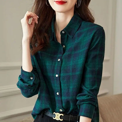 Women's Shirt New Spring Autumn Long Sleeve Single-breasted Polo-neck Casual Printing Plaid Office Lady Elegant Fashion Cardigan    Your Coastal Marketplace | Shoreshopper.com