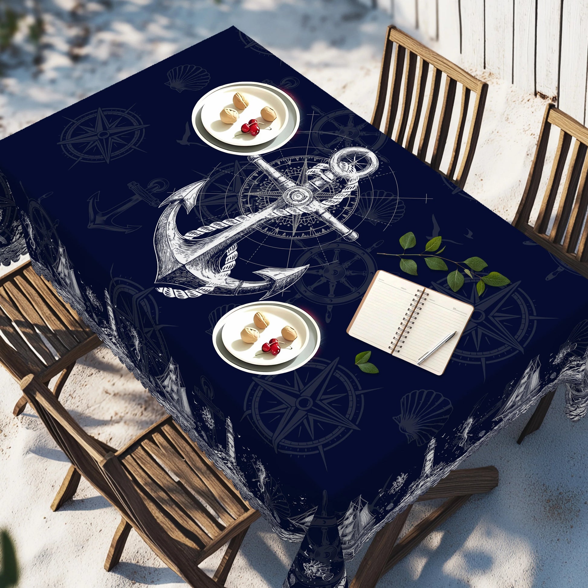 1pc Nautical Theme Tablecloth, Coastal Navy Blue Anchor, Lighthouse, Compass Designs For Spring Summer Decor    Your Coastal Marketplace | Shoreshopper.com