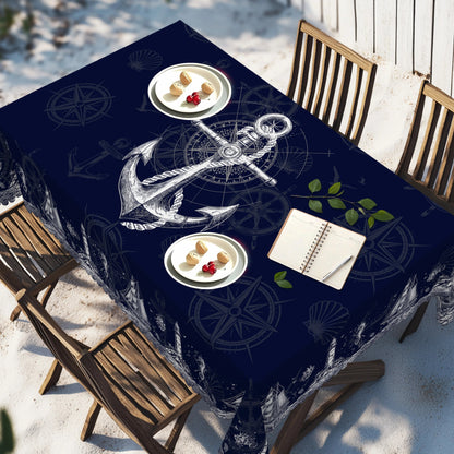1pc Nautical Theme Tablecloth, Coastal Navy Blue Anchor, Lighthouse, Compass Designs For Spring Summer Decor    Your Coastal Marketplace | Shoreshopper.com