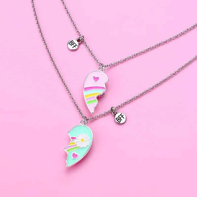 Cute Best Friends Heart Magnetic Necklace Rainbow Flower BFF Necklaces For Girls Friendship Jewelry Gifts
