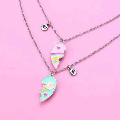 Cute Best Friends Heart Magnetic Necklace Rainbow Flower BFF Necklaces For Girls Friendship Jewelry Gifts