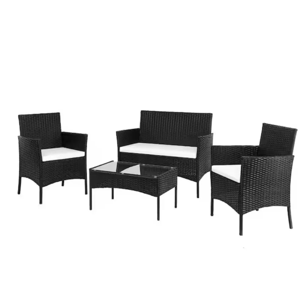 Outdoor Furniture with Soft Cushion and Glass Table, All Weather Manual Weaving Wicker Rattan Patio Chairs for Garden    Home Decor Supply | Online Retail | ShoreShopper.com