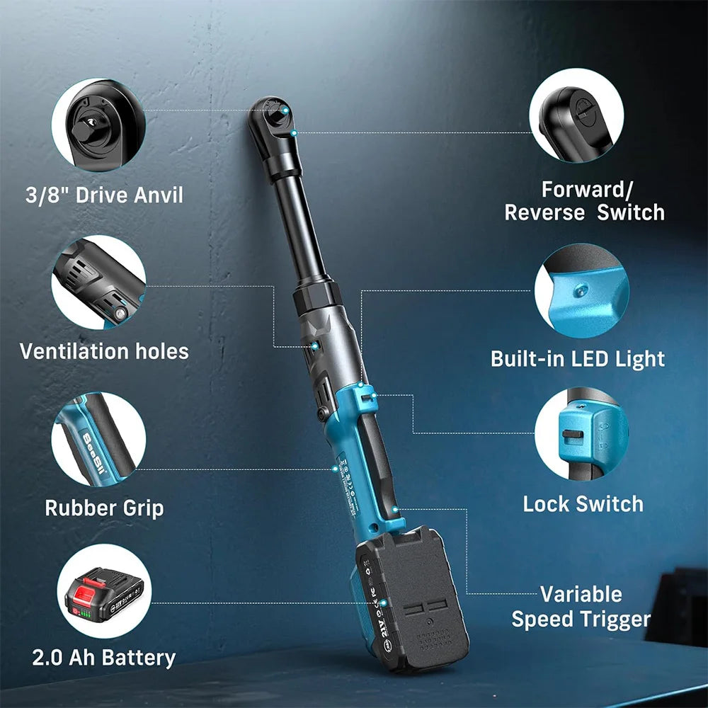 Seesii 3/8'' 80Nm Cordless Electric Wrench 6'' Extended Ratchet Wrench Electric Angle Wrench Driver Auto Repair Tools Set 12V    Home Decor Supply | Online Retail | ShoreShopper.com