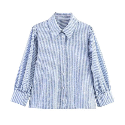 Women's Shirts Spring Summer  Female Lapel Print Striped Shirt Lady Elegant Blouses Casual Temperament Chic Ladies Tops Mujer    Your Coastal Marketplace | Shoreshopper.com