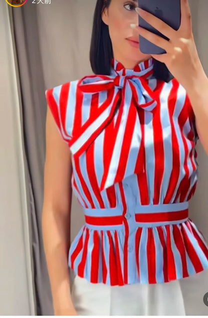 Women's Shirt 2026 Summer New Style Striped Sleeveless Waist-Fitted Shirt with Bow Decoration Romantic Style Personality Fashion    Your Coastal Marketplace | Shoreshopper.com