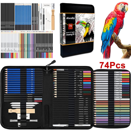74 Art Set Drawing Supplies - Pro Sketching Kit for Artists Adults , Charcoal, Watercolor, Metallic Colored Pencils in Gift Case    Home Decor Supply | Online Retail | ShoreShopper.com