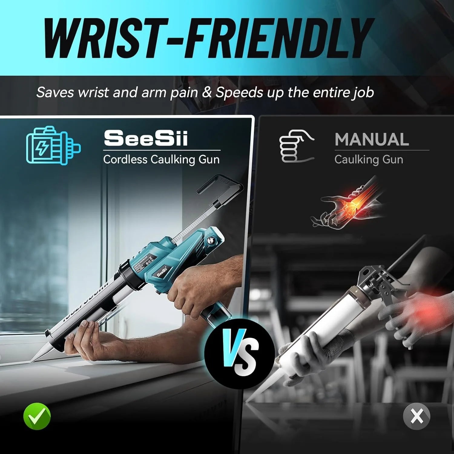 SEESII 6 Speeds Cordless Electric Glue Gun Glass Glue Caulking Gun Doors and Windows Electric Sewing Glue Tool With LED Light - ShoreCo.Shop