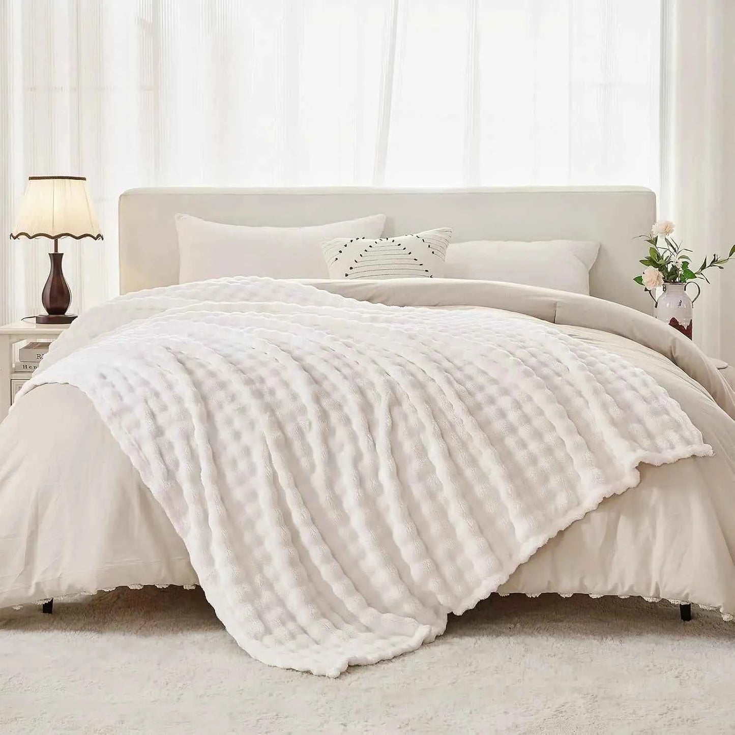 3D Bubble White Plush Blanket Textured Flannel Fleece Soft Warm Cozy Couch Throw Blanket Gift Plaid - Soft Throw Blankets