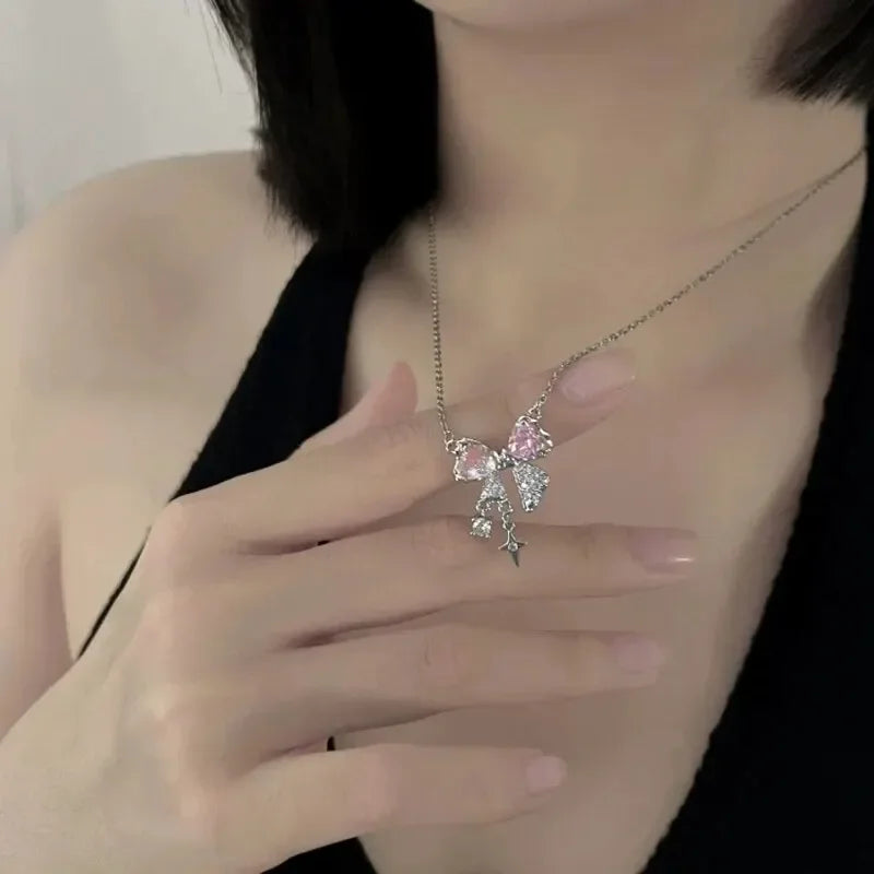 Fashion Fairy Pink Crystal Bow Knot Pendant Necklaces Y2K Girls Sweet Rhinestone Heart Clavicle Chain Women Jewelry Gifts    Home Decor Supply | Online Retail | ShoreShopper.com