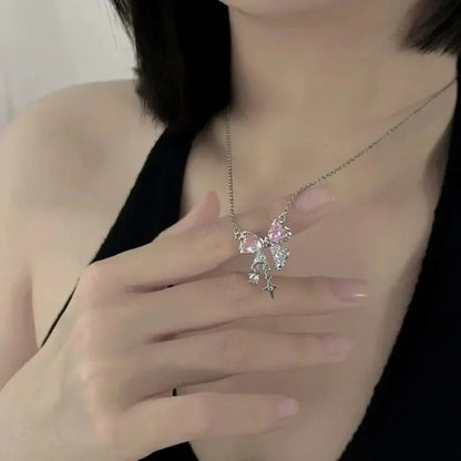 Fashion Fairy Pink Crystal Bow Knot Pendant Necklaces Y2K Girls Sweet Rhinestone Heart Clavicle Chain Women Jewelry Gifts    Home Decor Supply | Online Retail | ShoreShopper.com