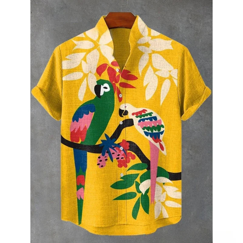 Men's Japanese Parrot Sakura Art Print Casual Shirt Men Blouses Summer Stand Collar Shirts Hawaiian Top Streetwear    Home Decor Supply | Online Retail | ShoreShopper.com
