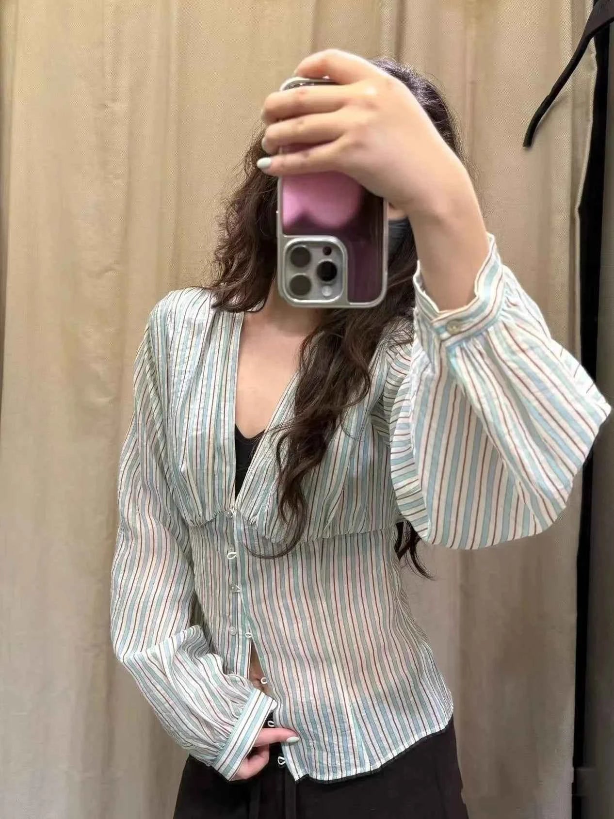 Women Sexy Shirts Spring Summer New Female V-Neck Long Sleeve Shirt Waist-Cinching Striped Tops Lady Chic Casual Holiday Blouses