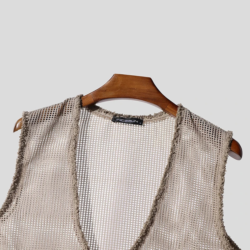 INCERUN Men Tank Tops Hollow Out Mesh See Through Sexy Tassel Male Vests Summer 2025 Solid Color Fashion Streetwear Men Clothing - ShoreCo.Shop