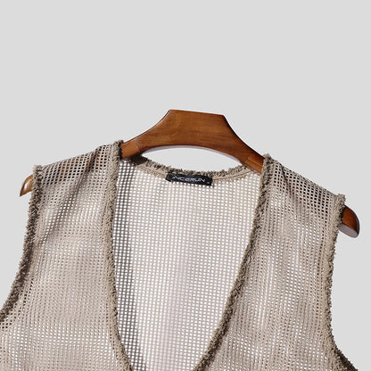 INCERUN Men Tank Tops Hollow Out Mesh See Through Sexy Tassel Male Vests Summer 2025 Solid Color Fashion Streetwear Men Clothing - ShoreCo.Shop