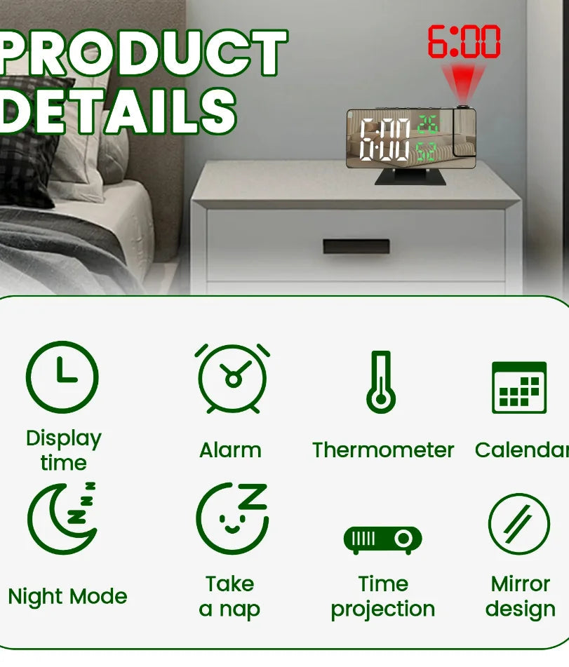 Projection digital alarm clock 180 ° arm projection LED alarm clock multifunctional USB plug in projector desktop LED clock    Home Decor Supply | Online Retail | ShoreShopper.com