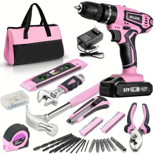 HILDA 21V Pink Drill Electric Drill Electric Screwdriver  Cordless Drill Mini Wireless Power Tools Lithium-Ion Battery - ShoreCo.Shop