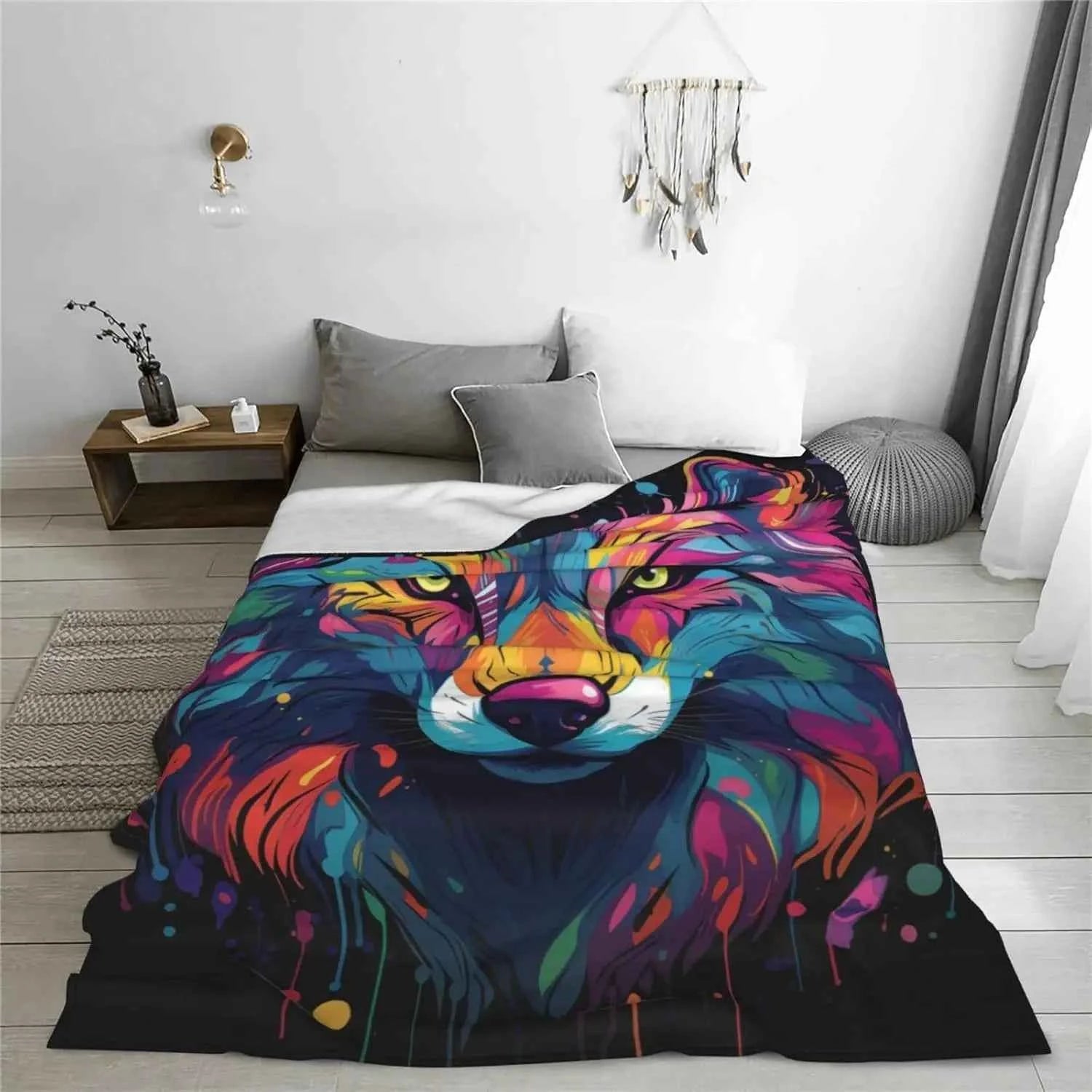 Colorful Wolf Blanket Wolf Fleece Blanket Gifts for Girls Kids Women Adults Lightweight Super Soft Plush Flannel Throw Blanket