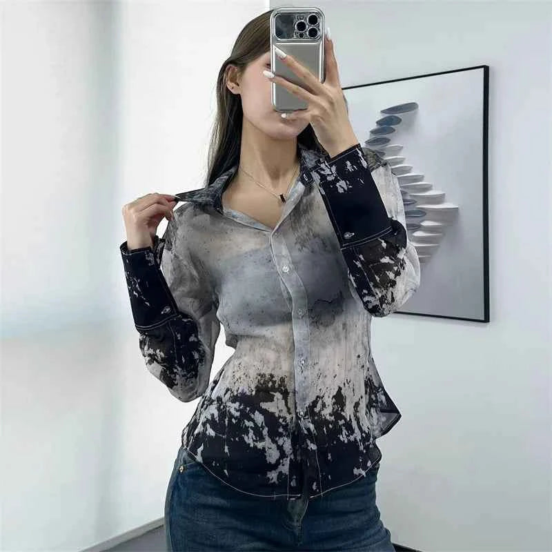 Women's shirt 2026 summer new single breasted slim fit women's long sleeved top Half perspective Ink printed Women's blouse y2k