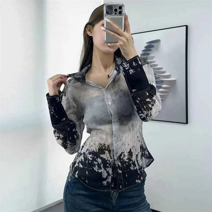 Women's shirt 2026 summer new single breasted slim fit women's long sleeved top Half perspective Ink printed Women's blouse y2k