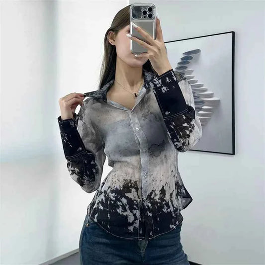 Women's shirt 2026 summer new single breasted slim fit women's long sleeved top Half perspective Ink printed Women's blouse y2k