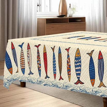 1pc Blue Fish Tablecloth, Ocean-themed Home Decoration, Summer Decor, Gift for Fishing Lovers, Polyester
