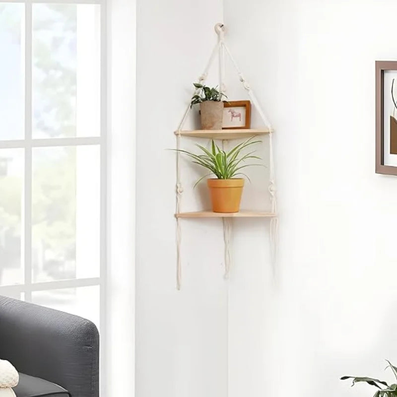 Corner Shelf Macrame Wall Hanging Wood Floating Shelves Rustic Boho Wall Shelf Decor Storage Rack for Plants Pots Photo Frames    Home Decor Supply | Online Retail | ShoreShopper.com
