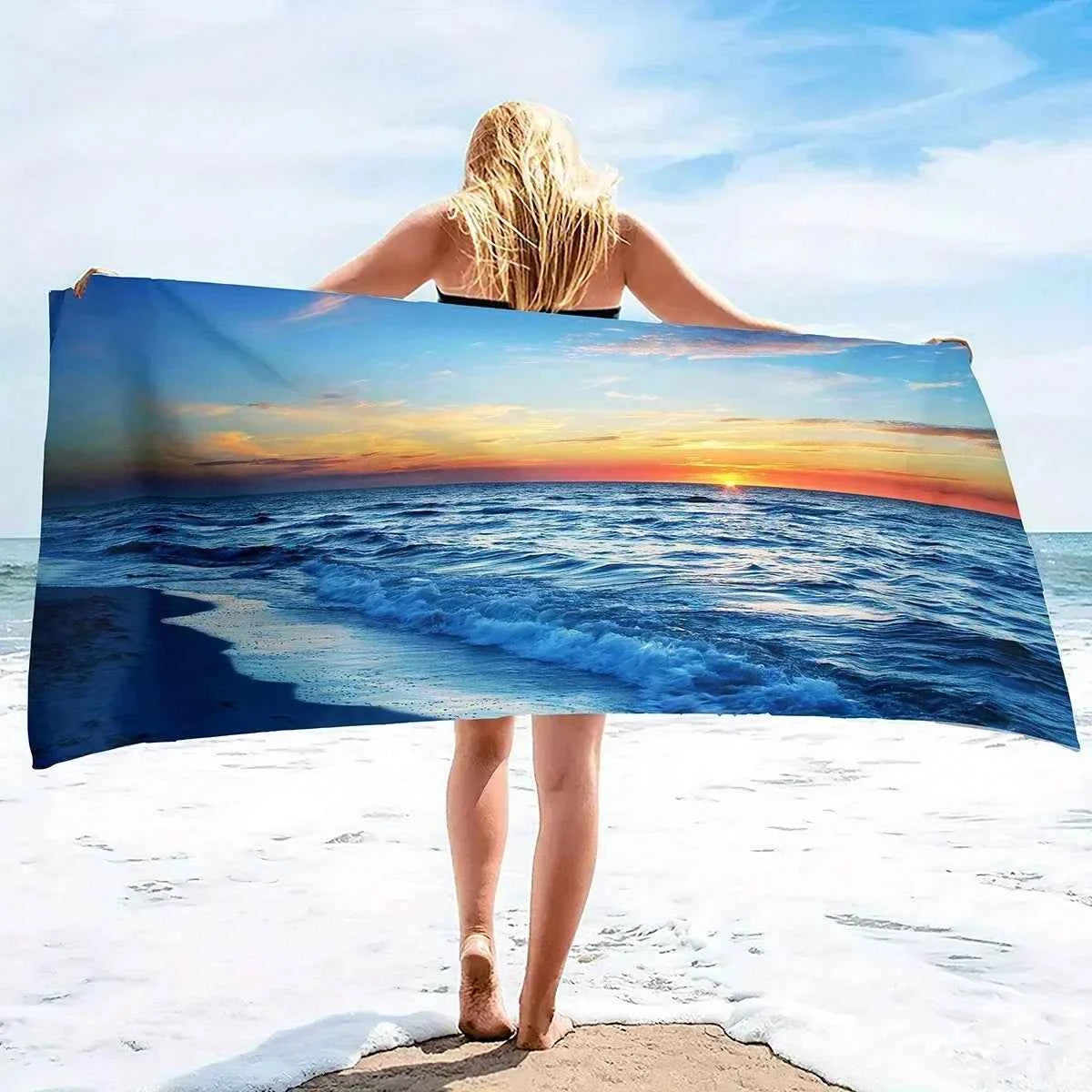 Beach towel ocean sunset pattern sunscreen windproof suitable for beach pool camping travel beach blanket
