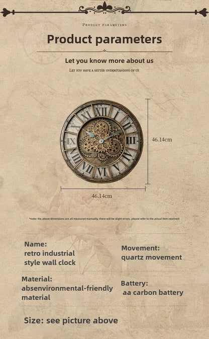 Retro Industrial Roman Wall Clock  Gear Rotation Clock Living Room Decorative Wall Clock Stylish Silent Wall Clock Quartz Clock    Home Decor Supply | Online Retail | ShoreShopper.com