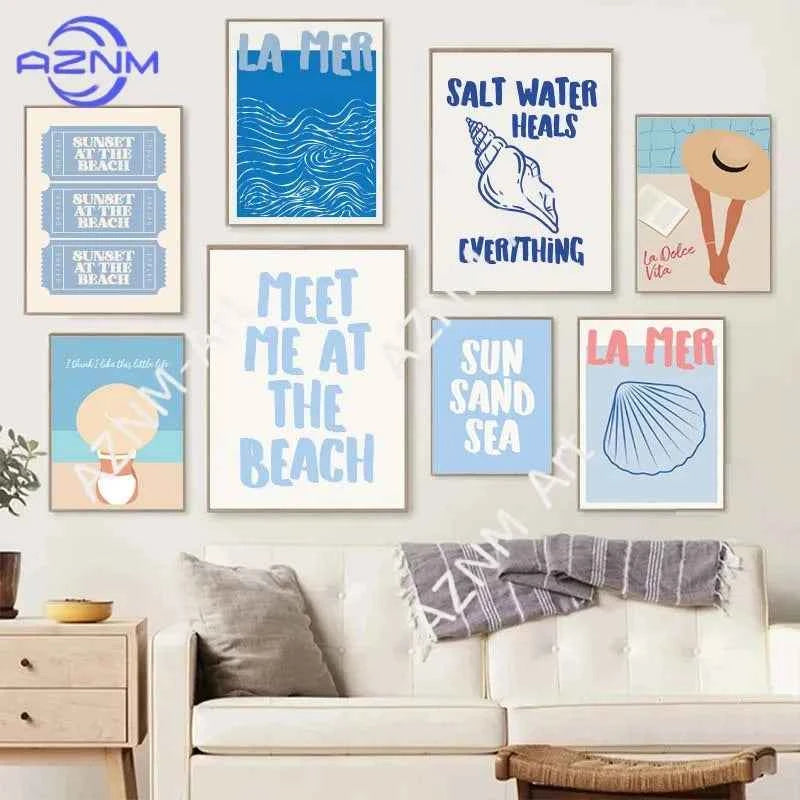 Seashells Meet Me At The Beach Poster Summer Sea Bikini Coastal Quotes Canvas Painting Trendy Wall Art Room Home Decor