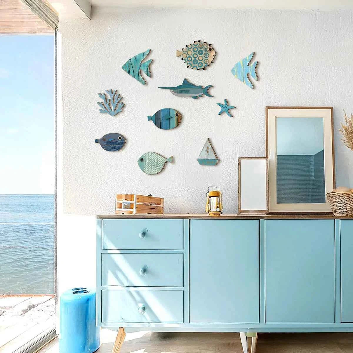 Handcrafted Wooden Ocean Wall Decor - Fish, Coral, Starfish & Sailboat Set for Home/Bathroom, Coastal Style Art